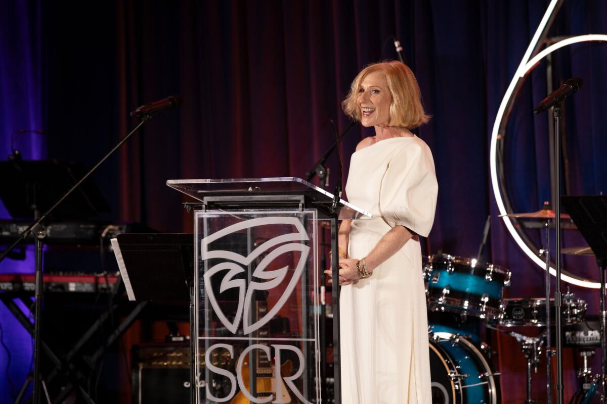 SCR Board President Talya Nevo-Hacohen speaks at the South Coast Repertory gala.