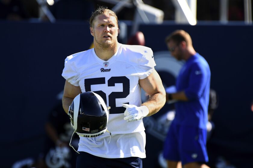 Wally Skalij  Los Angeles Times CLAY MATTHEWS’ absence is “not good for us,” says Sean McVay. Samson Ebukam will replace him.