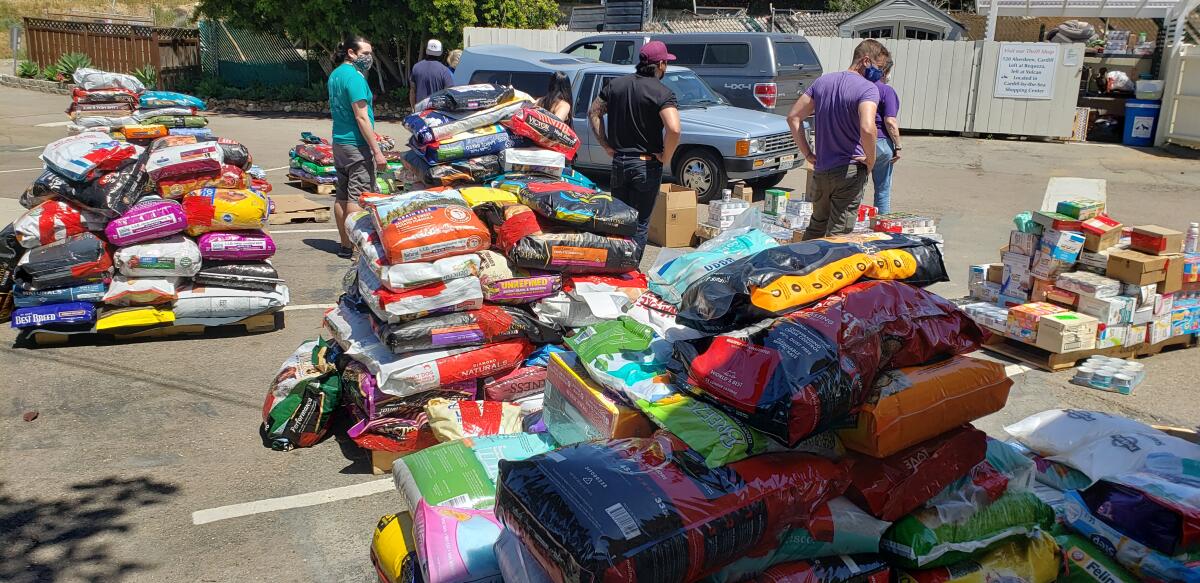 Some of the pallets of pet food and supplies at the Rancho Coastal Humane Society that were distributed to nonprofits.