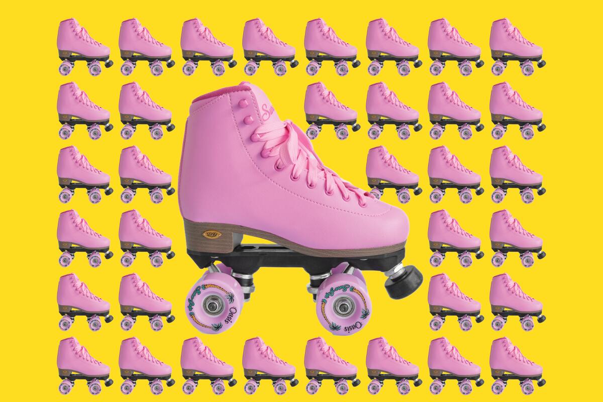 A photo illustration of Sure-Grip's Fame Skates in pink passion.