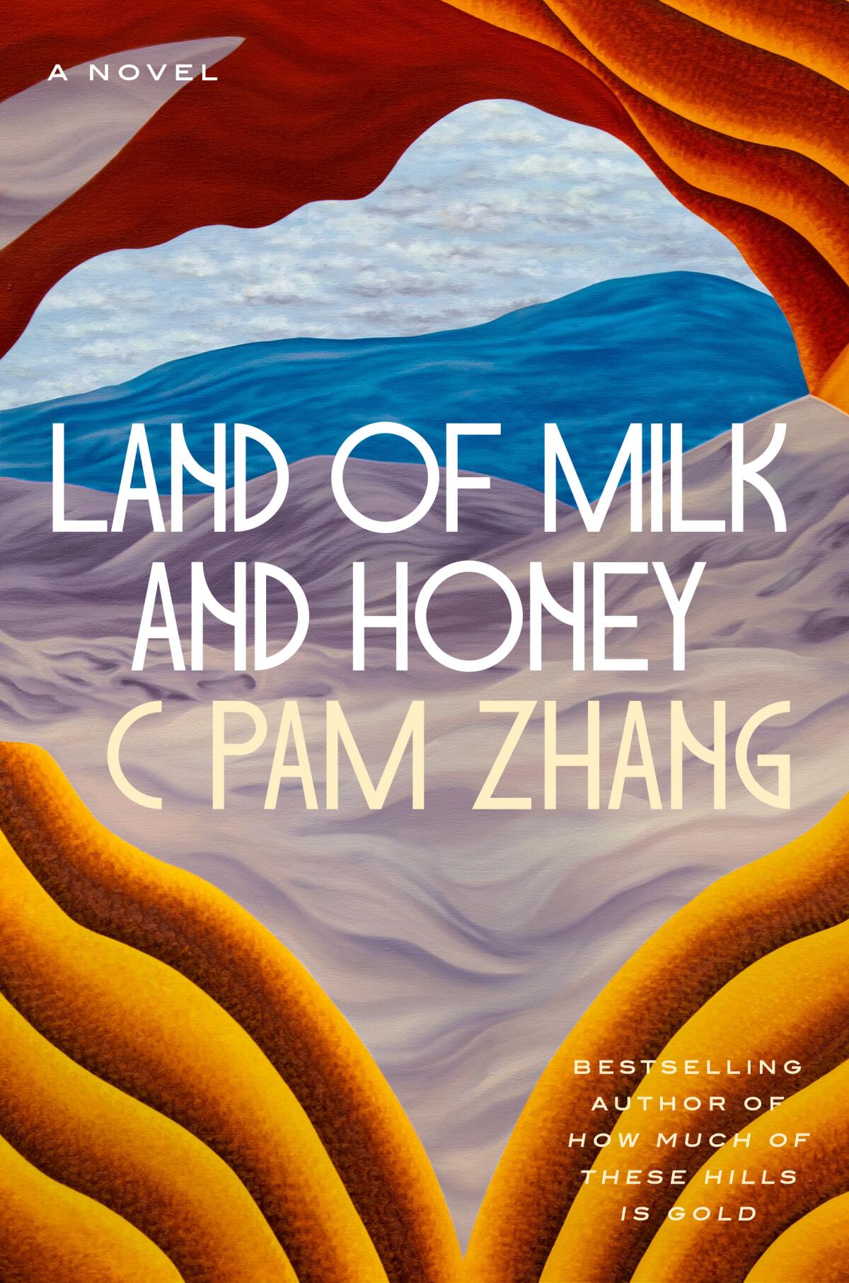 The cover of "Land of Milk and Honey," featuring an abstract illustration of multiple colors reflecting land and water.