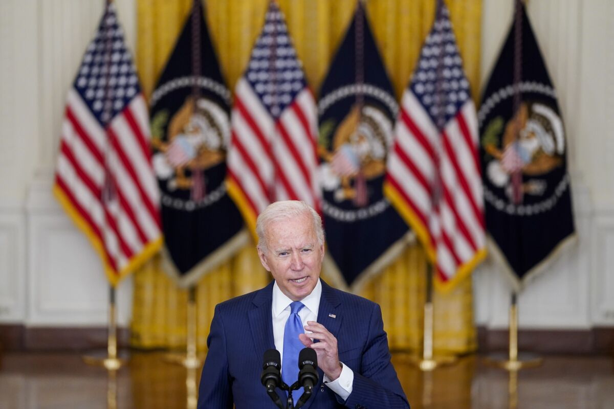 President Joe Biden delivers remarks on the economy in the East Room of the White House, Thursday, Sept. 16, 2021, in Washington. (AP Photo/Evan Vucci)