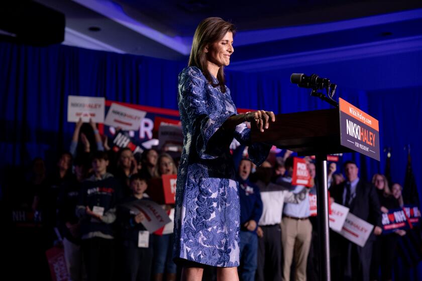 CONCORD, NEW HAMPSHIRE- JANUARY 23, 2024: Republican candidate for president Nikki Haley speaks to supporters after losing the New Hampshire Primary to Donald Trump at the Grappone Conference Center on January 23, 2024 in Concord, New Hampshire. She said she's not giving up and will be moving on to South Carolina. (Gina Ferazzi / Los Angeles Times)