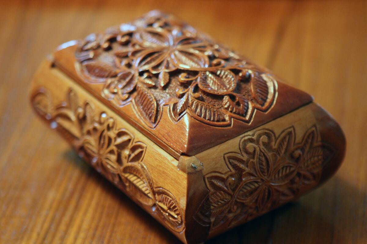 A small wooden chest carved by Goorgen Ghazarian.