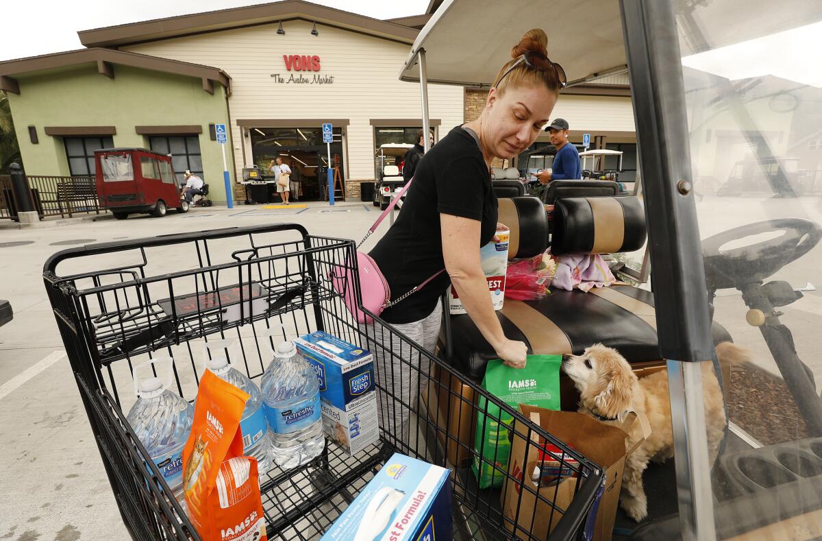 Avalon resident Kristin Ingram, with Watson, fills her cart after shopping at the new Vons Avalon Market. (Al Seib / Los Angeles Times)