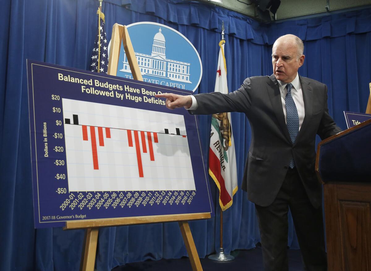 Gov. Jerry Brown discusses his 2017-2018 spending plan at a news conference in January.