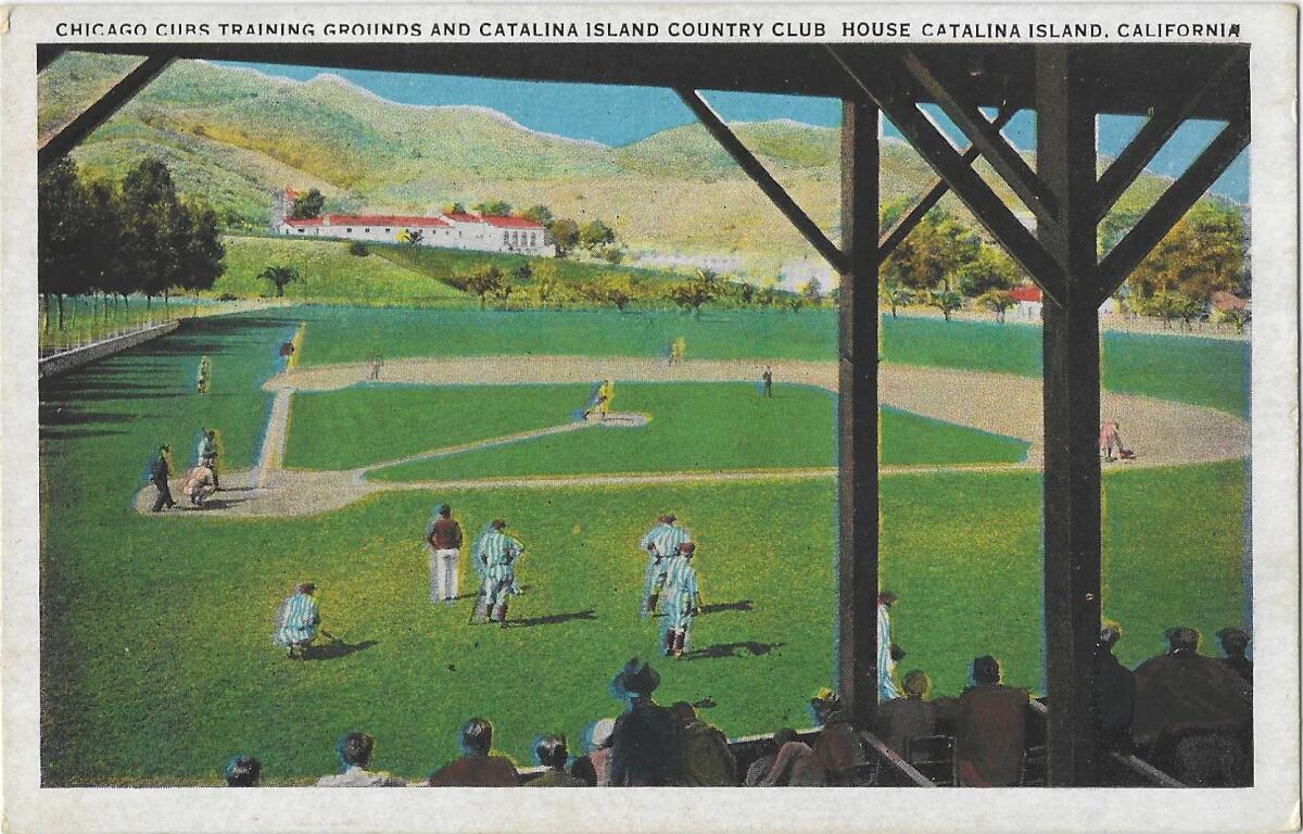 A view of the baseball field from the first-base-side stands on a vintage postcard
