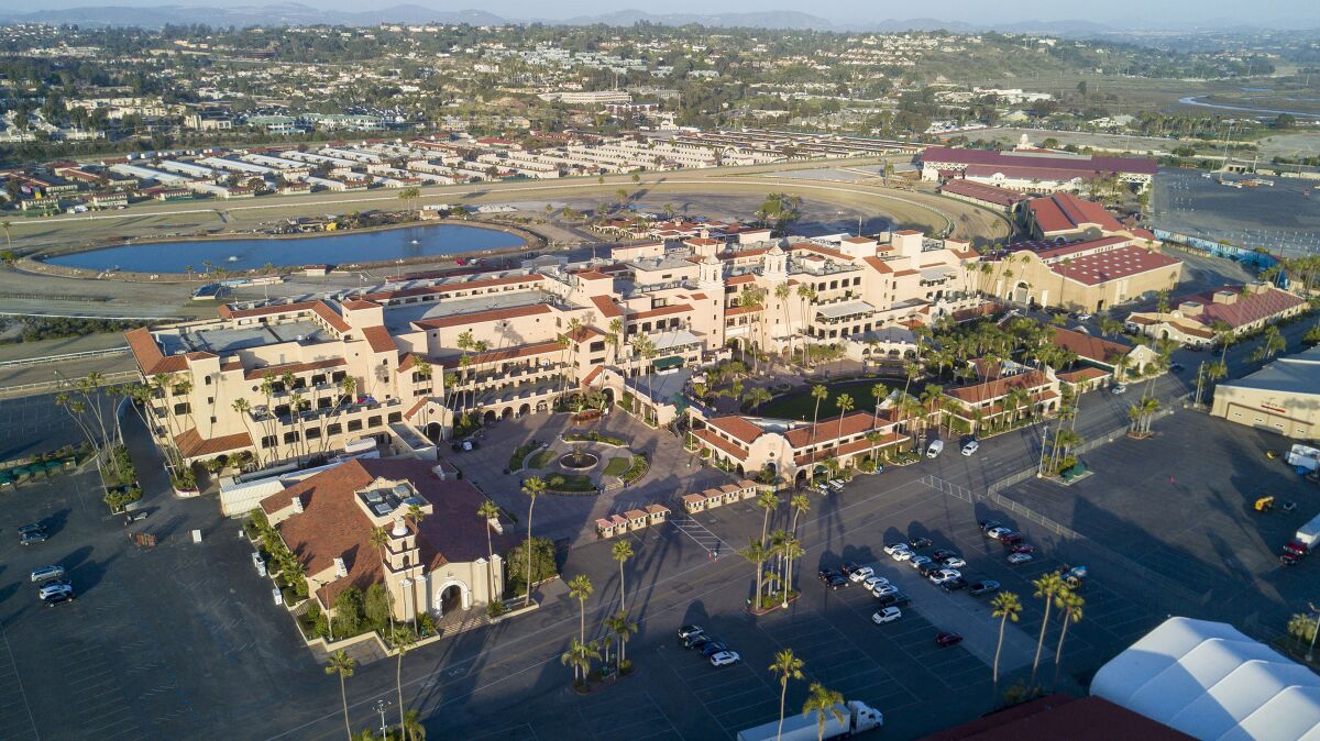 The heart of the Del Mar fairgrounds at sunset in January.
