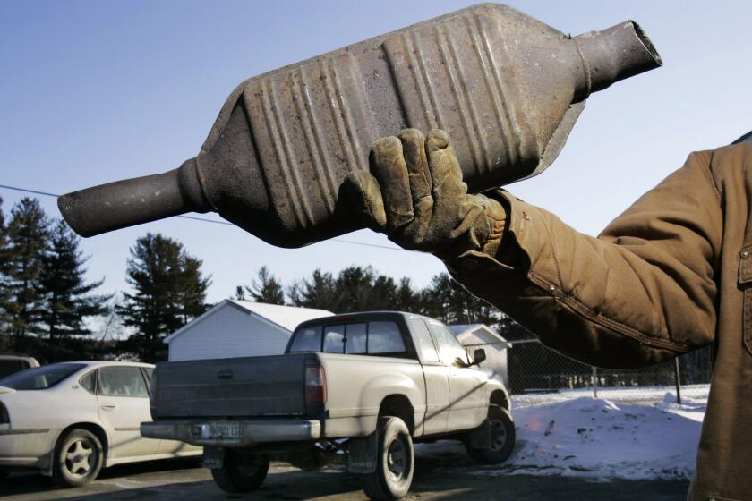 A catalytic converter is seen at Industrial Metal Recycling, Friday, Jan. 26, 2007, in Oakland, Maine. Thieves have long targeted car stereos, air bags, halogen headlights, even pocket change from the ashtrays. But now they are crawling under vehicles and cutting away the catalytic converters for the precious metals inside. (AP Photo by Robert F. Bukaty)