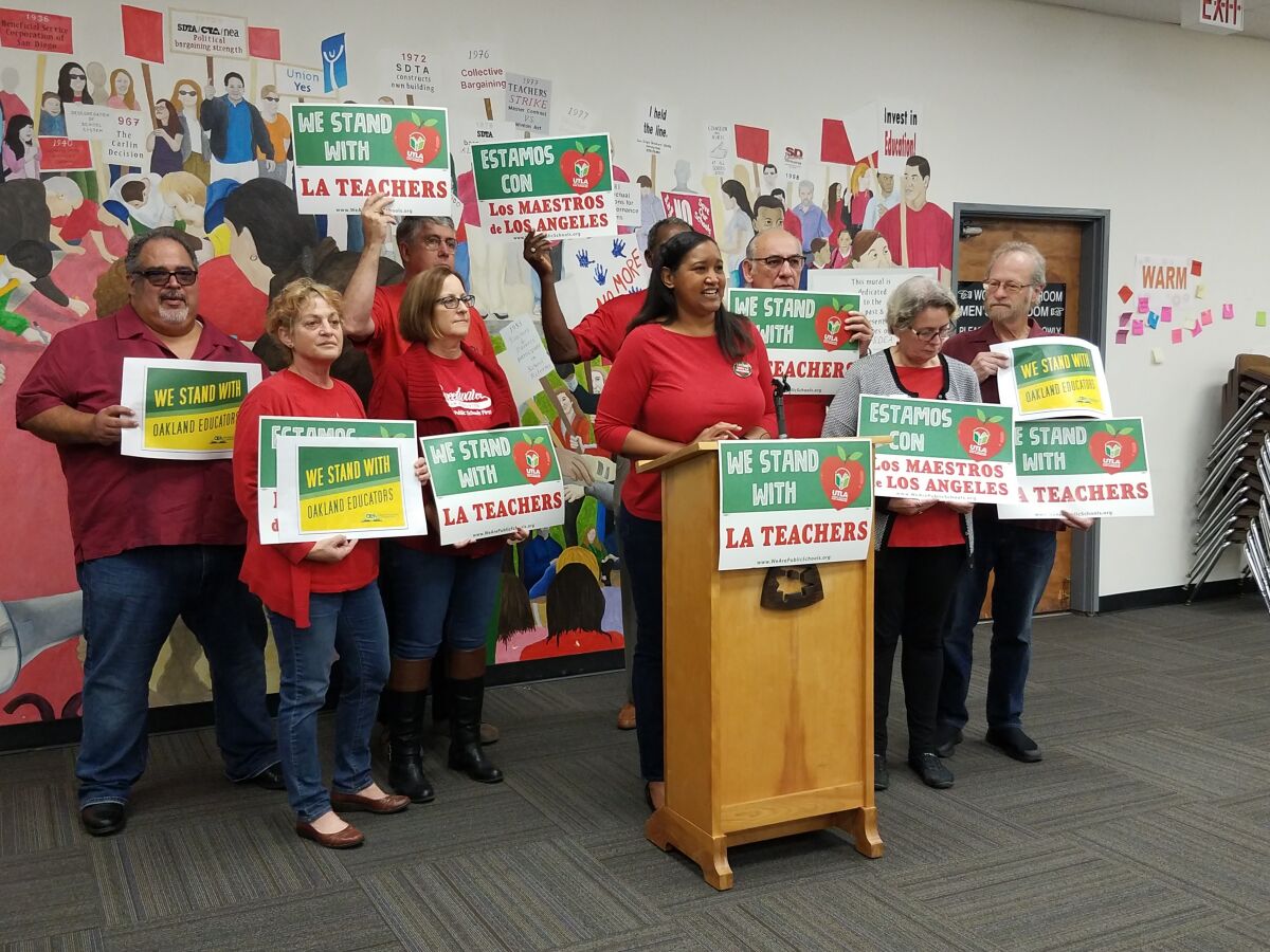 President of the San Diego teachers union, Kisha Borden, spoke at a press conference in January in support of the Los Angeles teachers union as it was about to strike over issues of teacher pay and more.