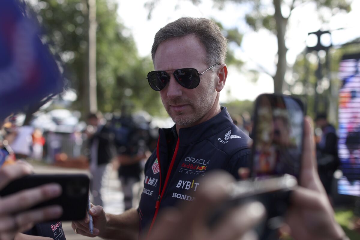 Team Principal of Red Bull Christian Horner arrives at the track ahead of the Australian Formula One Grand Prix at Albert Park in Melbourne, Friday, March 31, 2023. (AP Photo/Asanka Brendon Ratnayake)