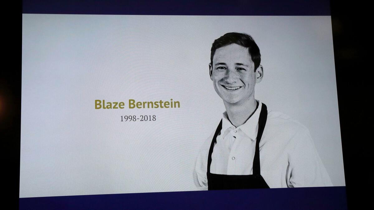 A photo of homicide victim Blaze Bernstein is shown during an Orange County district attorney's office news conference Wednesday.