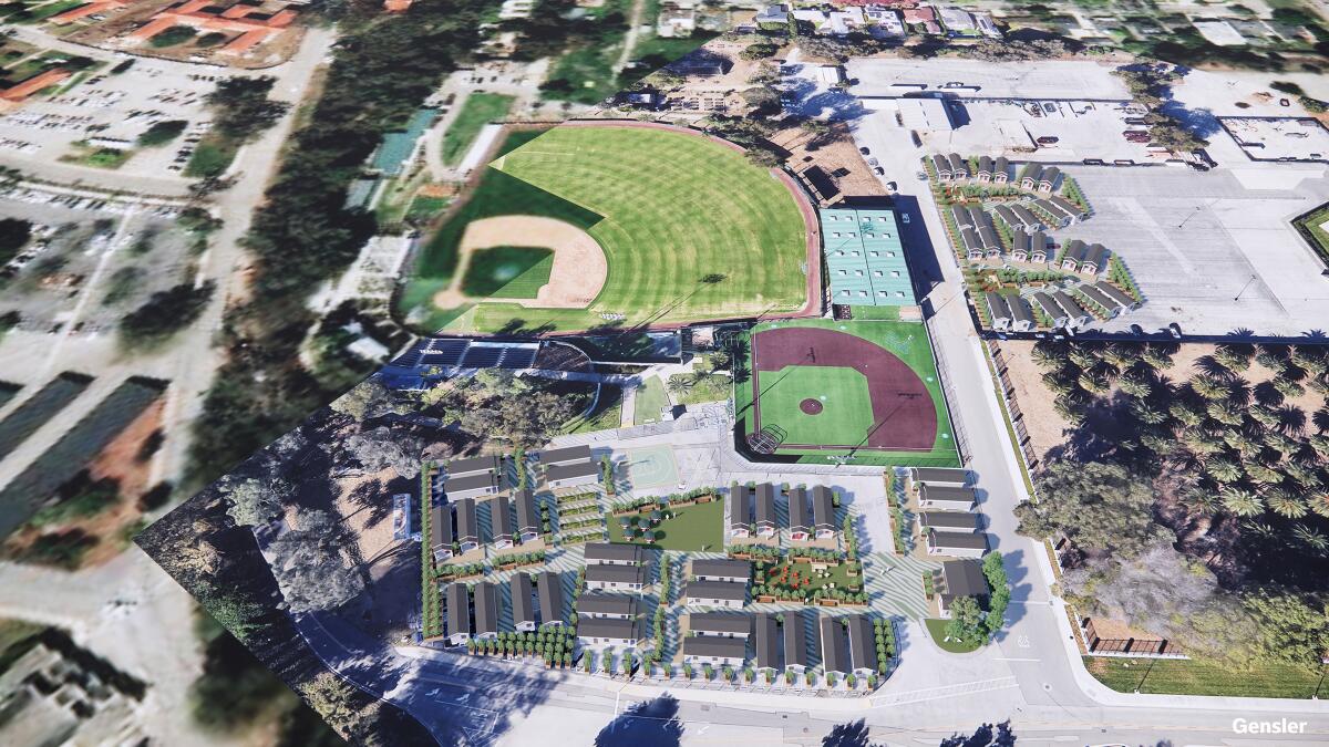 A rendering depicting a bird's-eye view of two green stadiums and various buildings