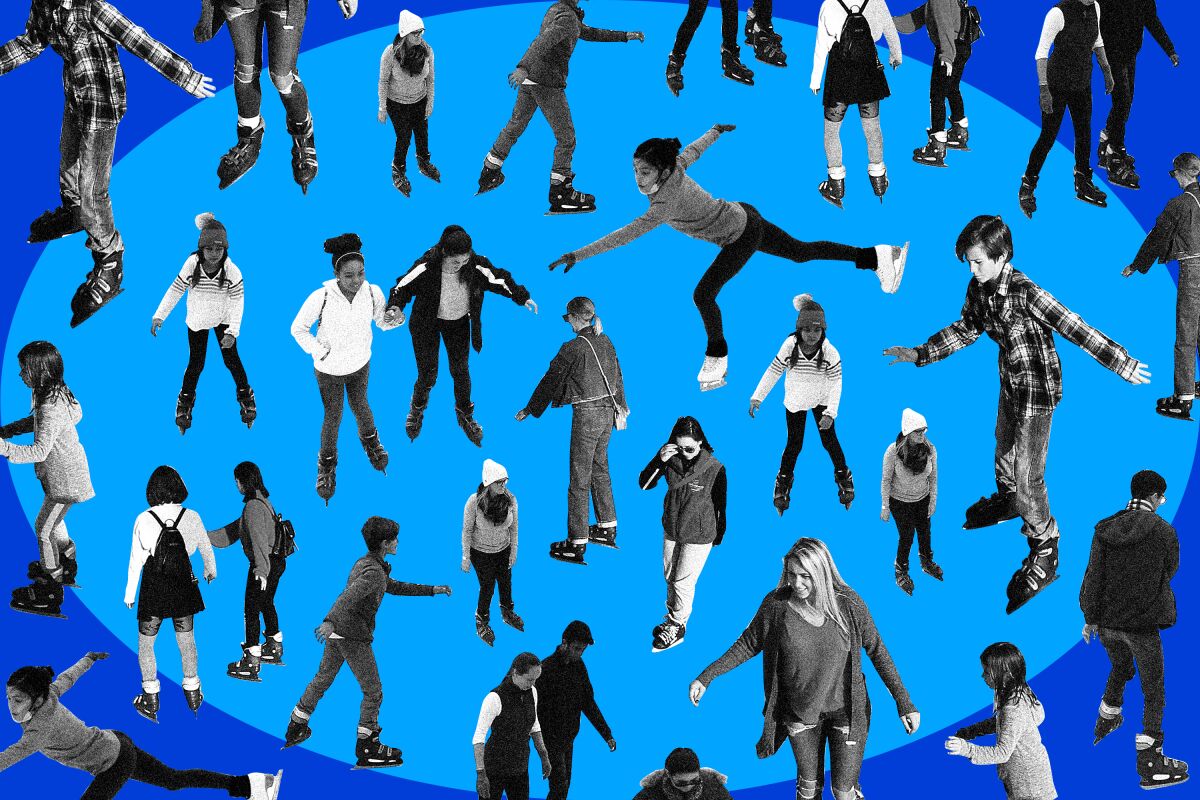 black and white images of ice skaters of all ages and skill levels enjoy an abstract ice rink