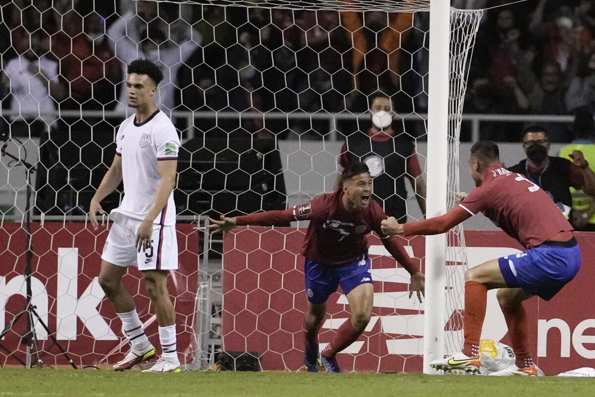 Costa Rica's Anthony Contreras celebrates scoring his team's second goal against United States.