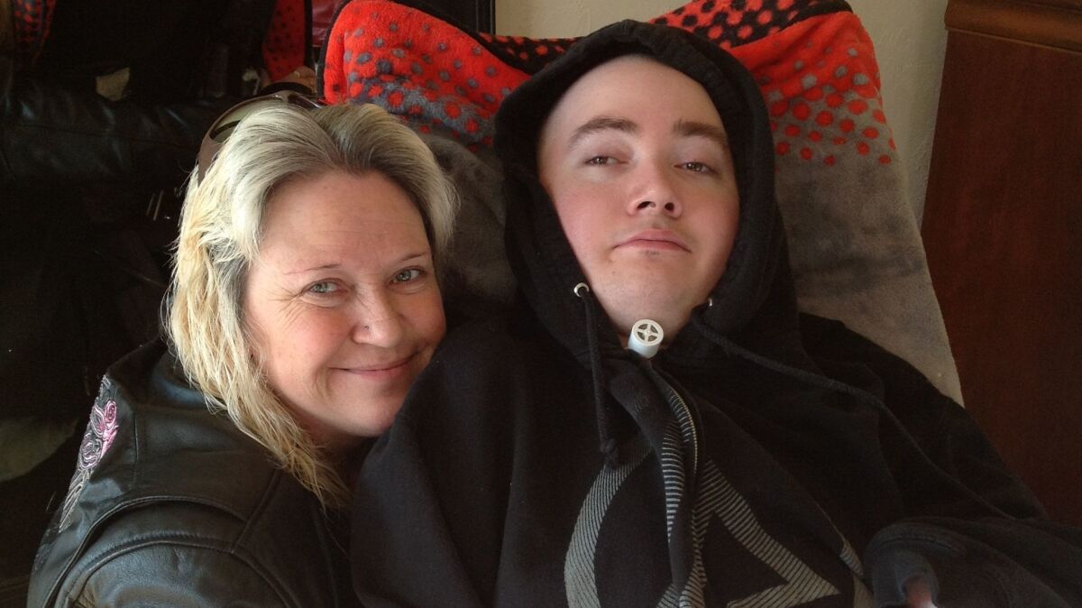 Brandon Maxfield with his mother Sue Stansberry in January in Willits.
