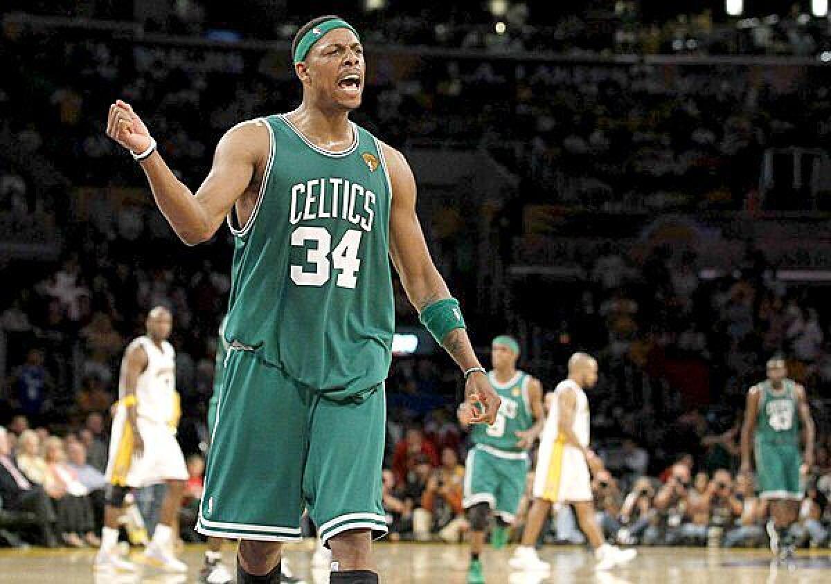 Paul Pierce begins to celebrate after the Celtics defeated the Lakers, 103-94, in Game 2 of the 2010 NBA Finals.