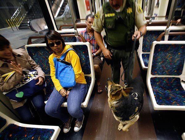 Los Angeles County sheriff's canine handler Craig Roberts follows his dog, Amor, through a subway car. Files found at Osama bin Laden's compound in Pakistan indicate that Al Qaeda was considering an attack on U.S. rail targets.