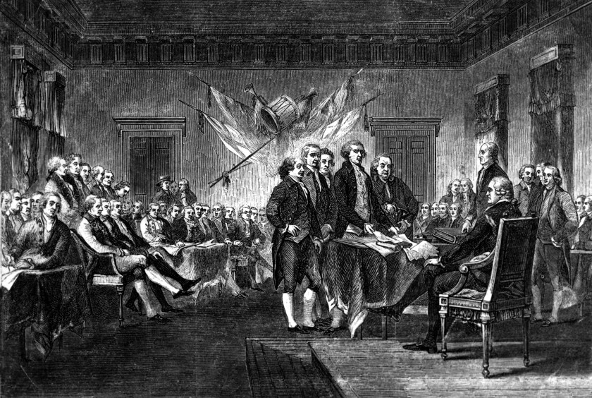 This undated engraving shows the scene on July 4, 1776 when the Declaration of Independence, drafted by Thomas Jefferson, Benjamin Franklin, John Adams, Philip Livingston and Roger Sherman, was approved by the Continental Congress in Philadelphia. The words "all men are created equal” are invoked often but are difficult to define. (AP Photo)
