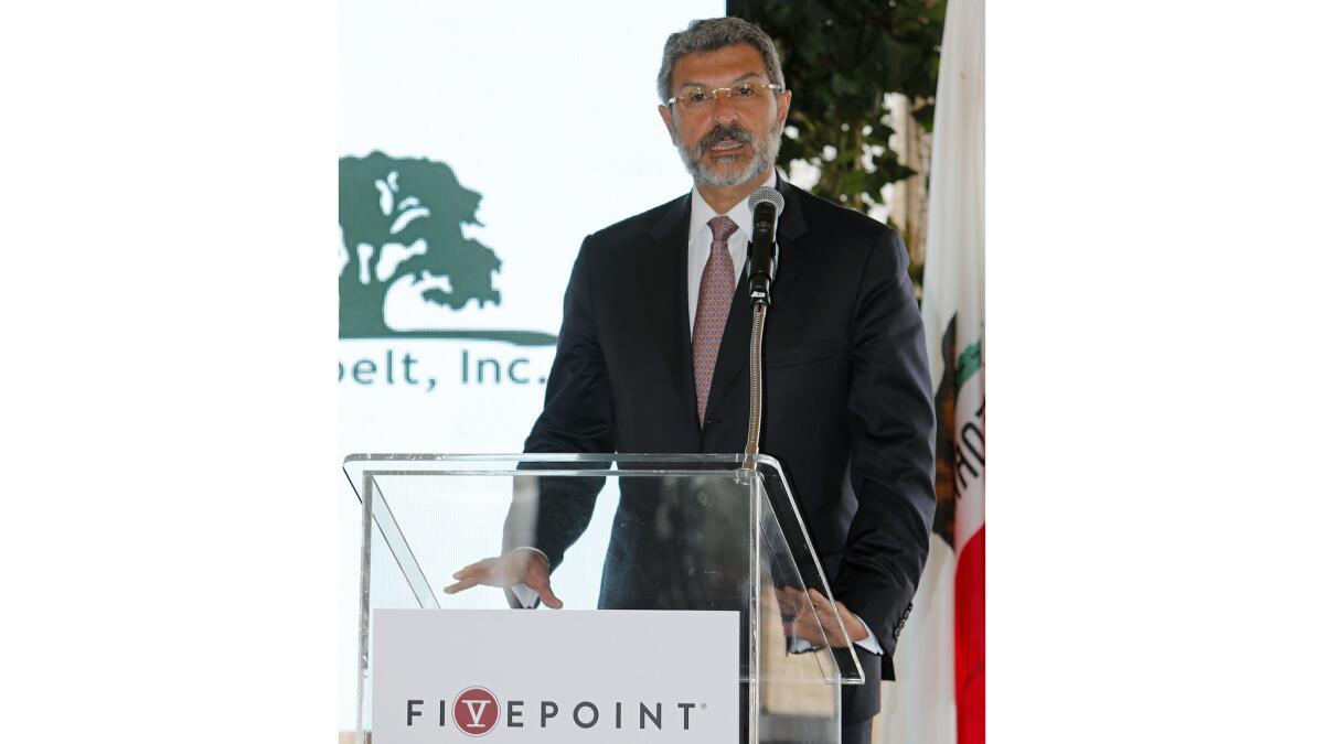 Emile Haddad, chairman and CEO of FivePoint Holdings LLC, speaks during the groundbreaking for the Irvine wildlife corridor Tuesday at Orange County Great Park.