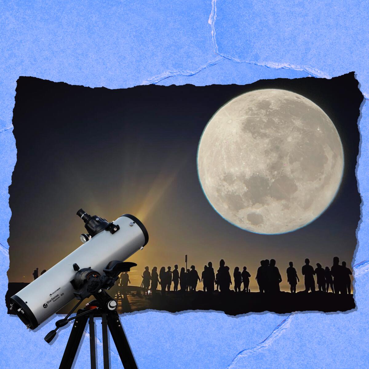An illustration of a telescope pointed at a large moon.
