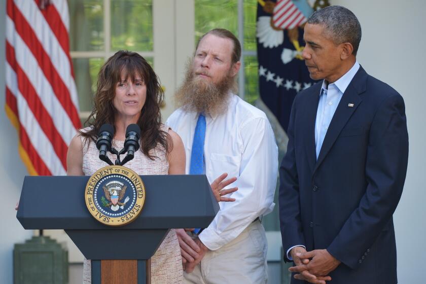 Jani Bergdahl, the mother of freed U.S. soldier Bowe Bergdahl, speaks about the release of her son next to her husband Bob Bergdahl and President Obama at the White House on May 31, 2014.