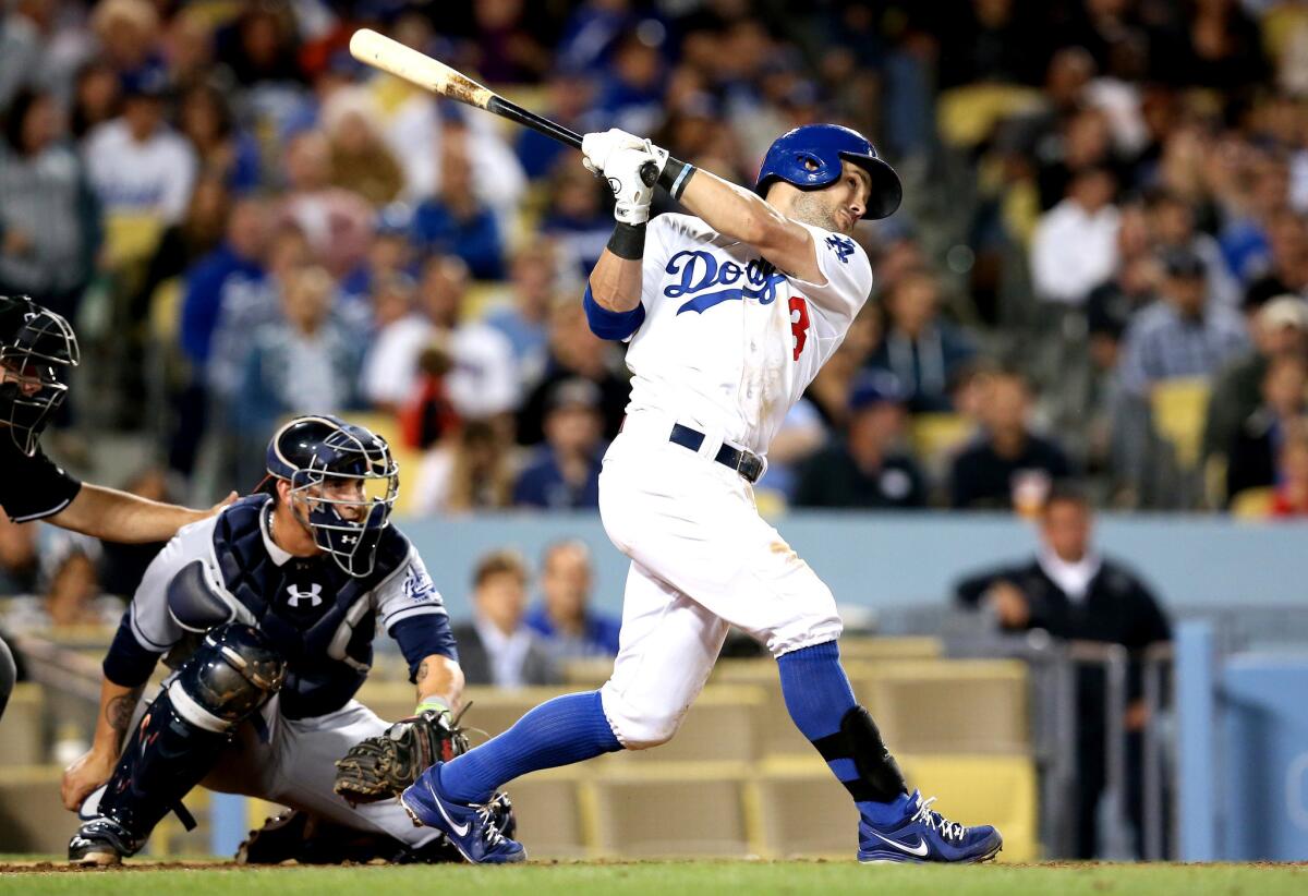 Dodgers' Skip Schumaker hits a double against the San Diego Padres at Dodger Stadium.