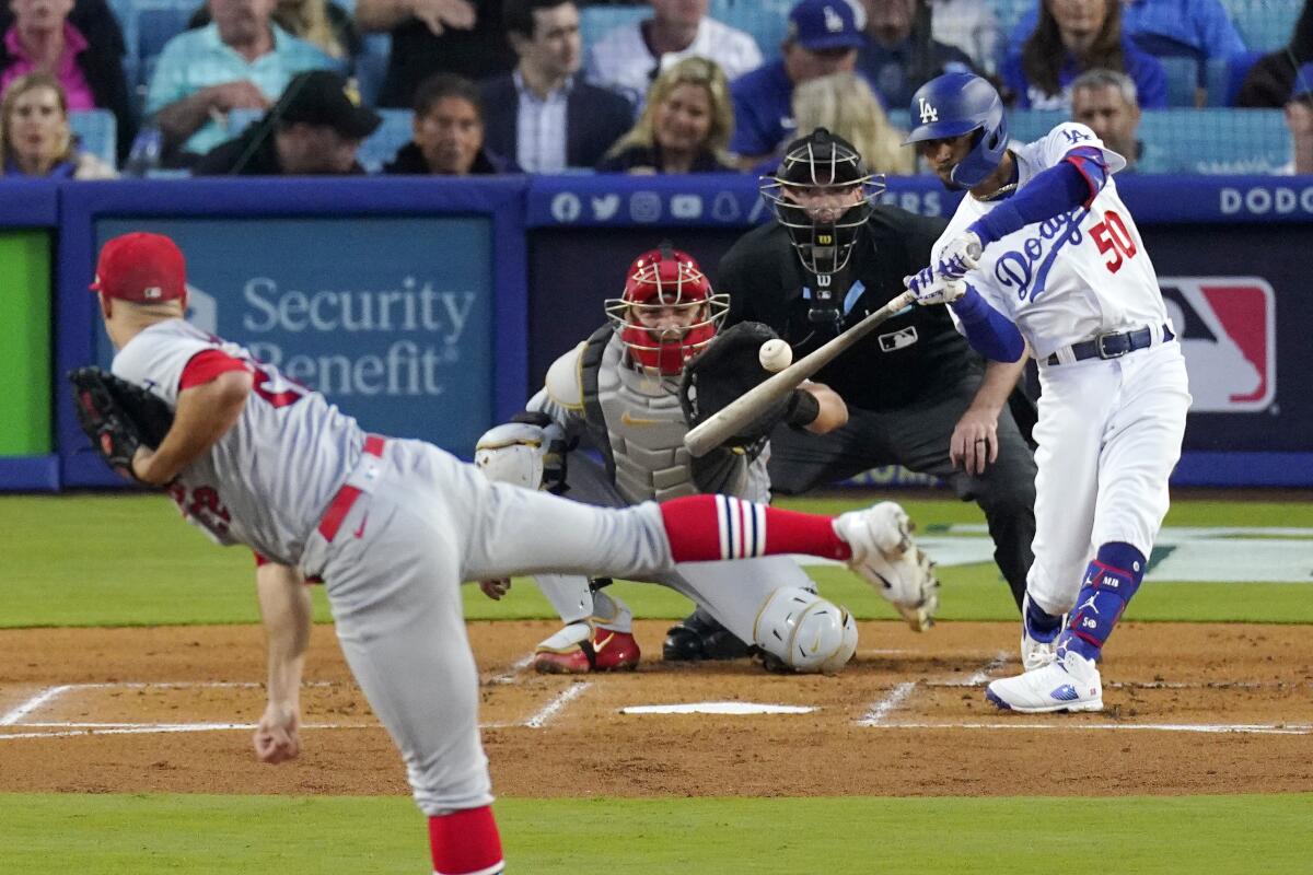 Los Angeles, United States. 28th Apr, 2023. Los Angeles Dodgers Max Muncy  drives in an RBI double to right-center field off St. Louis Cardinals  starting pitcher Jack Flaherty in the third inning