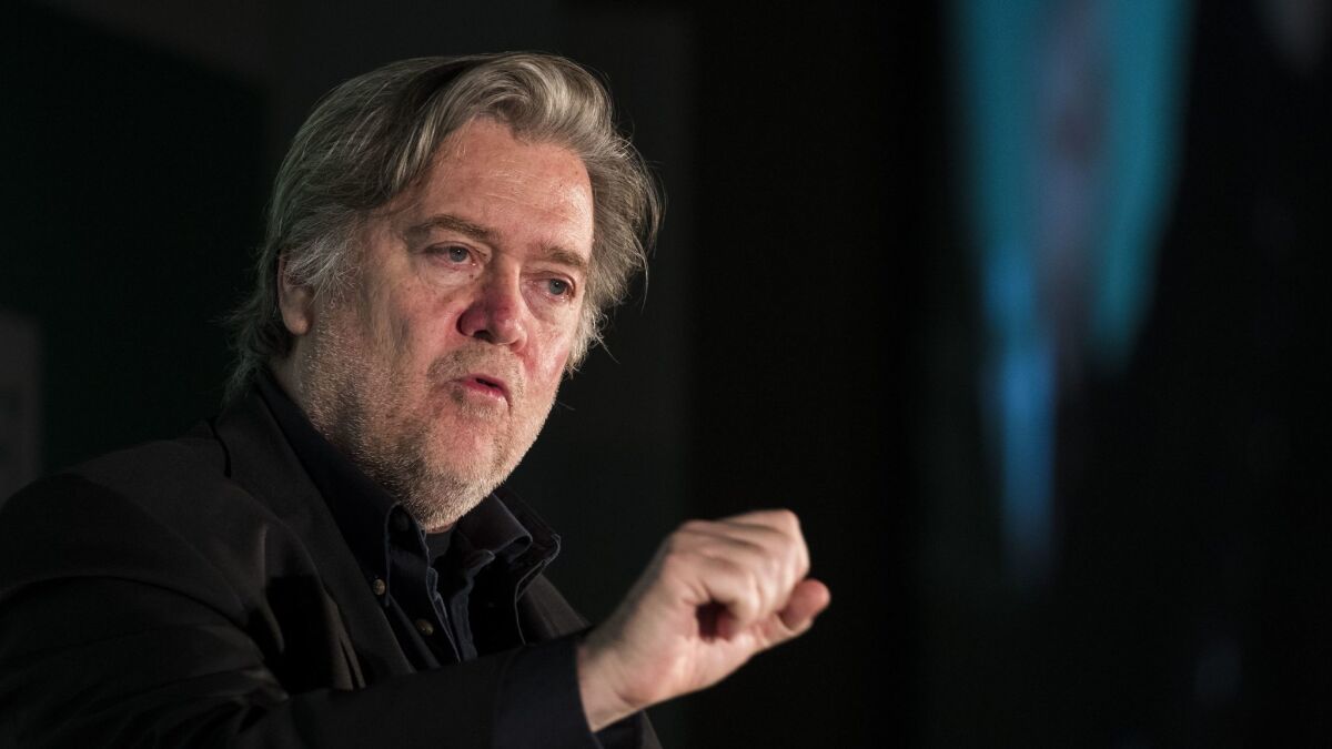 Steve Bannon, former White House chief strategist, speaks during a discussion on countering violent extremism in Washington, DC. on Oct. 23, 2017.