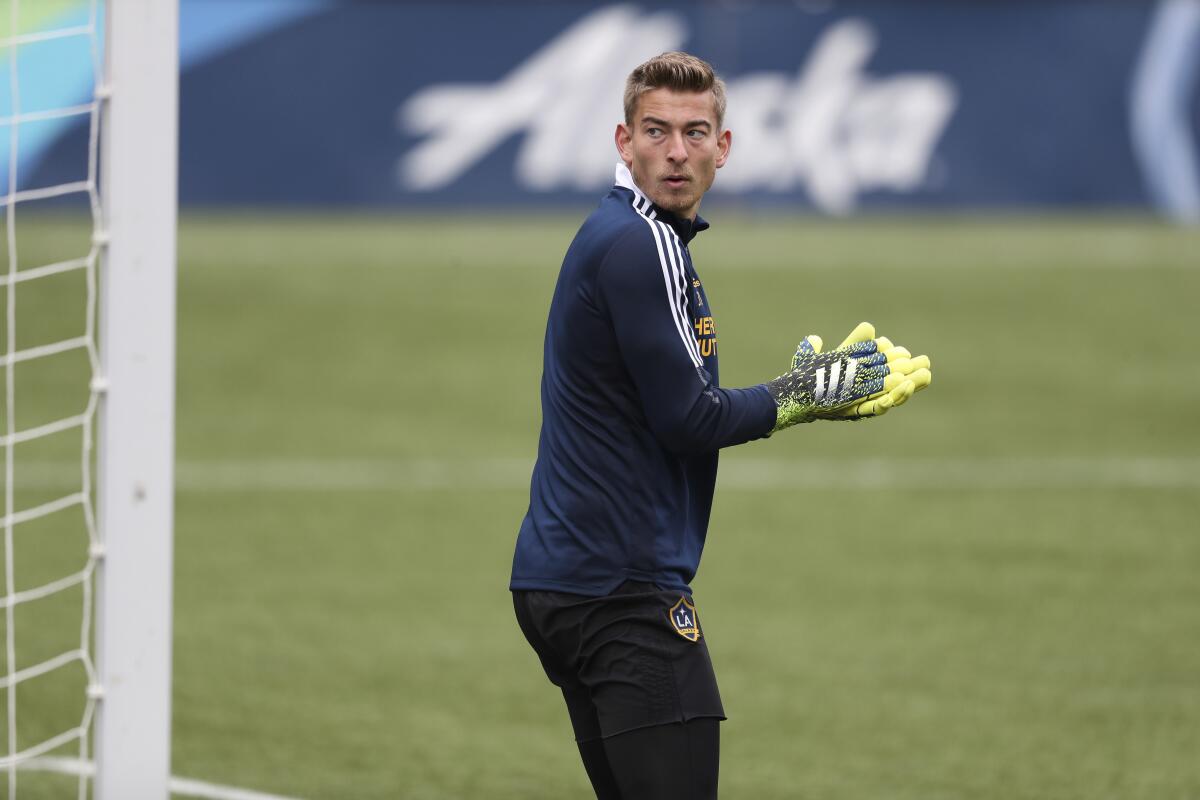 Galaxy goalie Jonathan Klinsmann is pictured warming up before a 2021 game at Portland.