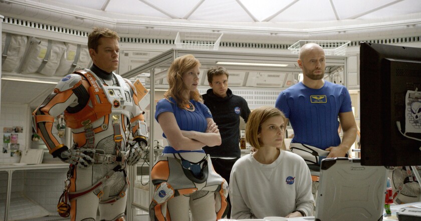 Part of the Hermes crew from "The Martian," from left, Matt Damon as Mark Watney, Jessica Chastain as Melissa Lewis, Sebastian Stan as Chris Beck, Kate Mara as Beth Johanssen, and Aksel Hennie as Alex Vogel.