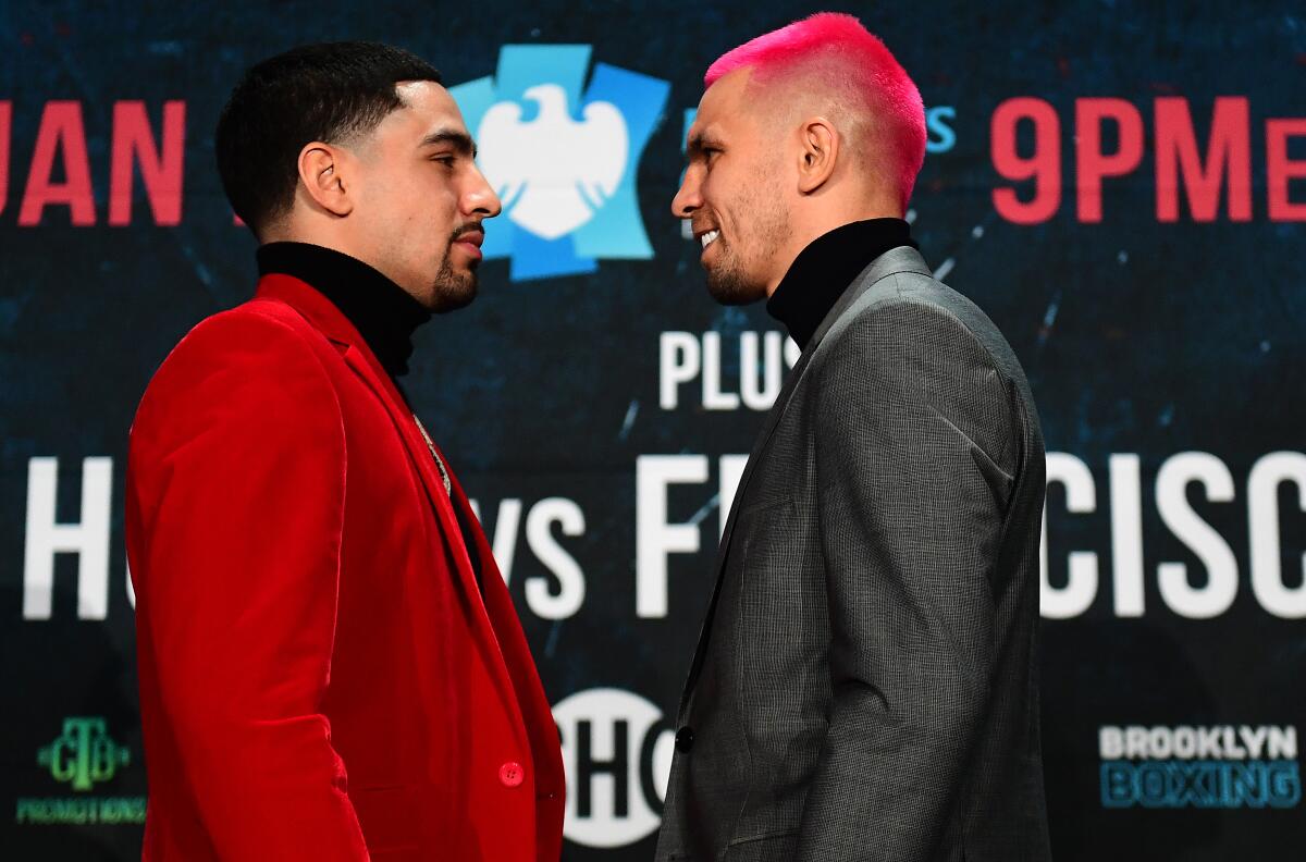 NEW YORK, NEW YORK - DECEMBER 18: DECEMBER 18: Ivan Redkach of Ukraine and Danny Garcia of the United States face off at a press conference for their upcoming welterweight fight at Barclays Center on December 18, 2019 in New York City. Redkach and Garcia will fight on January 25 at Barclays Center. (Photo by Emilee Chinn/Getty Images) ** OUTS - ELSENT, FPG, CM - OUTS * NM, PH, VA if sourced by CT, LA or MoD **