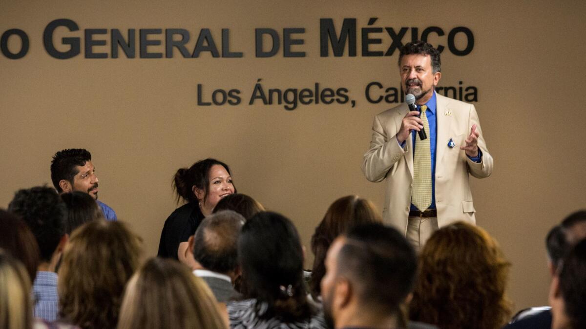 Carlos Garcia de Alba, Mexico's consul general in Los Angeles, speaks during an LGBTQ sensitivity training session at the consulate.