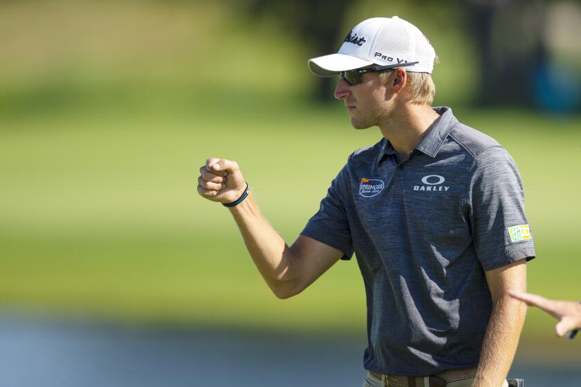 Richy Werenski celebrates after a birdie on the 18th hole in the first round of the 3M Open golf tournament on July 23, 2020.