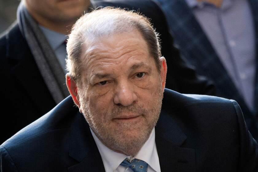 Harvey Weinstein arrives at the Manhattan Criminal Court, on February 24, 2020 in New York City. - The jury in Harvey Weinstein's rape trial hinted it was struggling to reach agreement on the most serious charge of predatory sexual assault as day four of deliberations ended February 21, 2020 without a verdict. The 12 jurors asked New York state Judge James Burke whether they could be hung on one or both of the top counts but unanimous on the three lesser counts. The disgraced movie mogul, 67, faces life in prison if the jury of seven men and five women convict him of a variety of sexual misconduct charges in New York. (Photo by Johannes EISELE / AFP) (Photo by JOHANNES EISELE/AFP via Getty Images) ** OUTS - ELSENT, FPG, CM - OUTS * NM, PH, VA if sourced by CT, LA or MoD **