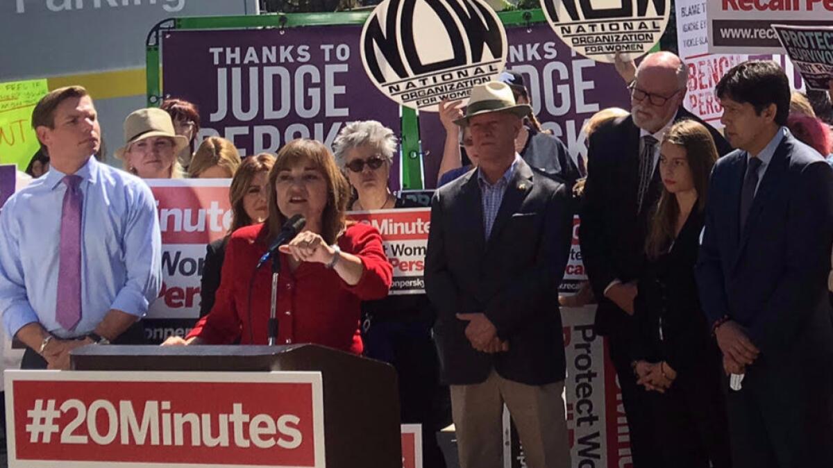 U.S. Senate candidate Loretta Sanchez calls for the removal of Santa Clara County Judge Aaron Persky from the bench.