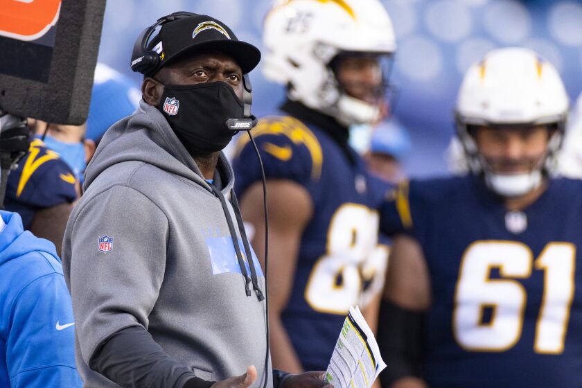 Los Angeles Chargers head coach Anthony Lynn reacts on the sideline during the second half.