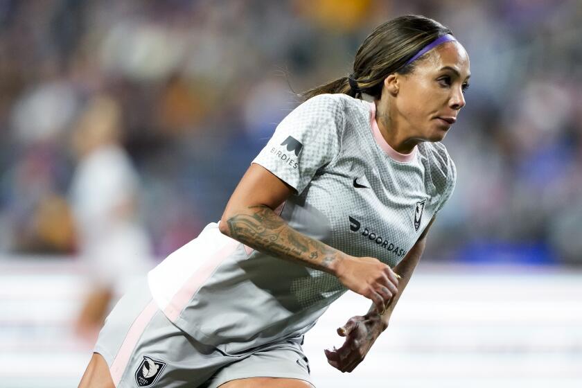 Angel City FC forward Sydney Leroux in action against the OL Reign during the first half.