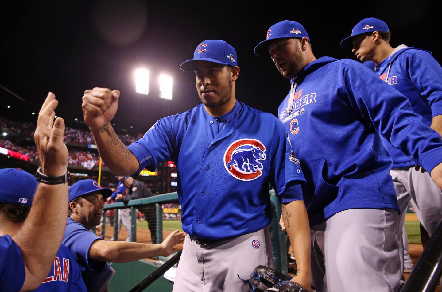 Cubs closer Hector Rondon (56) celebrates his save and the win in Game 2.