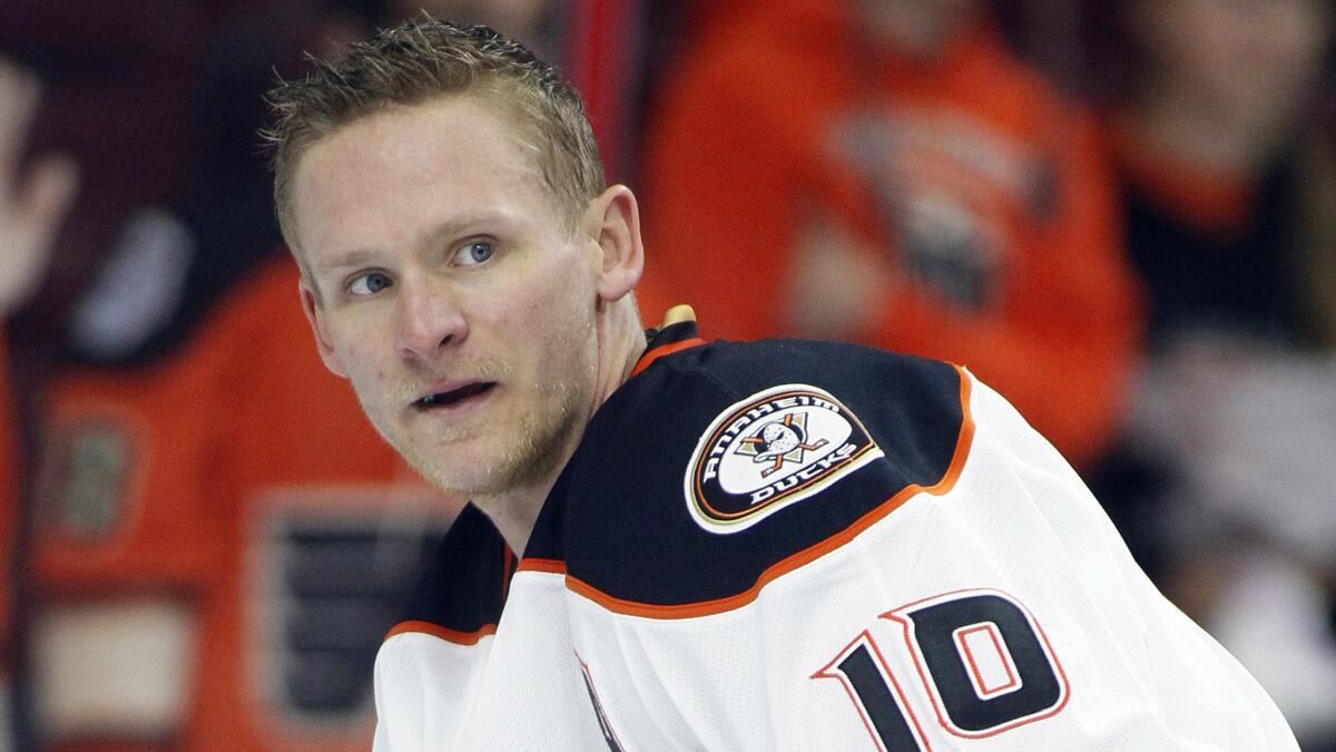 Ducks forward Corey Perry warms up before a game against the Philadelphia Flyers on Oct. 14.