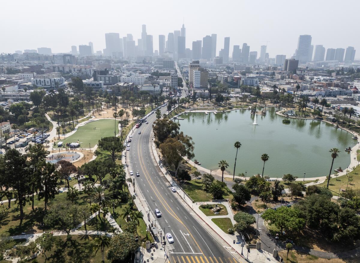 An aerial view of Wilshire Boulevard cutting through the center of the MacArthur Park area