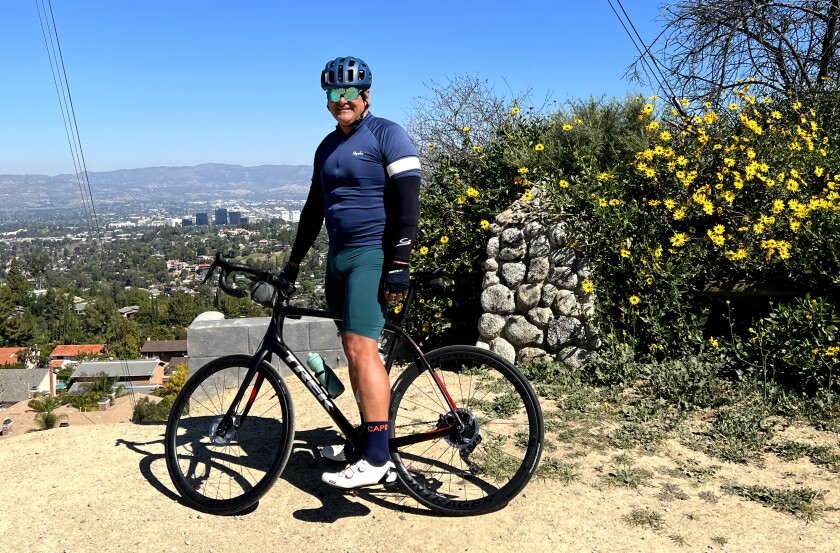 Adam Lasky and his commute vehicle, a carbon fiber Trek Domane, which he rides daily from Sherman Oaks to Santa Monica.