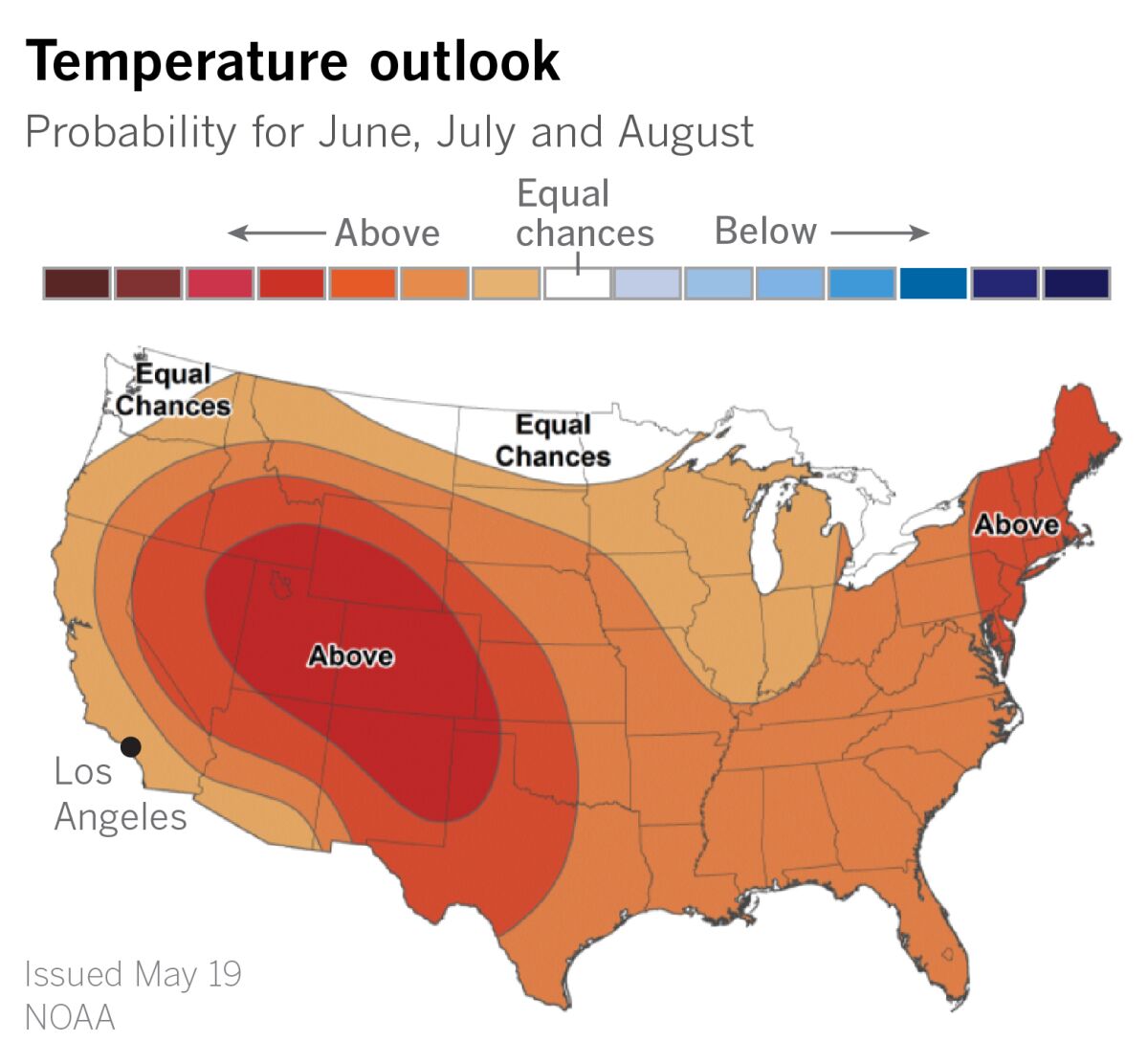 Temperature outlook map for June, July and August.