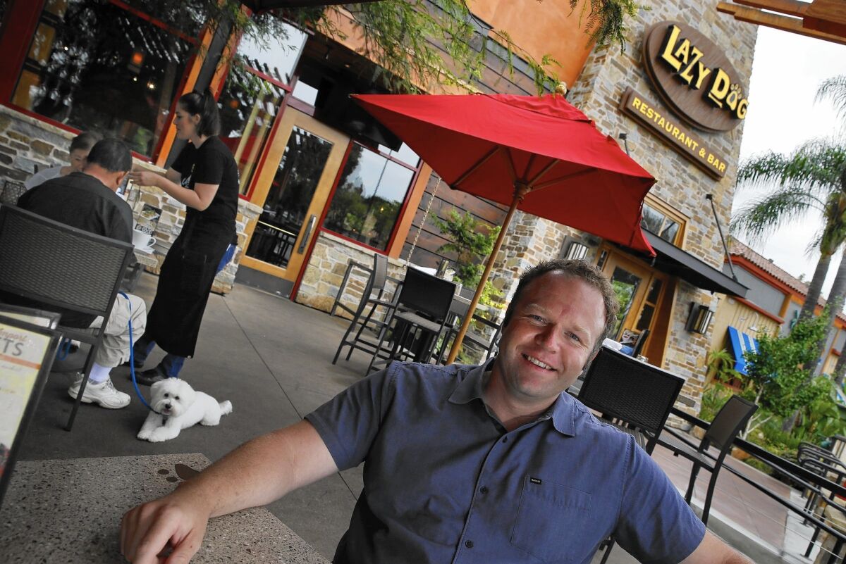Chris Simms, 40, is chief executive and founder of the Lazy Dog Restaurant & Bar chain. His father was in the dining business, but “as a typical son, your first reaction is to not do what your dad does,” Simms said.