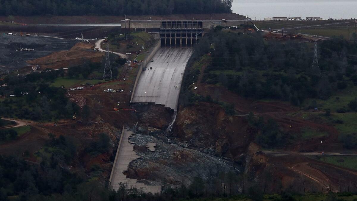 Lake Oroville's heavily damaged main spillway, which broke apart in February.
