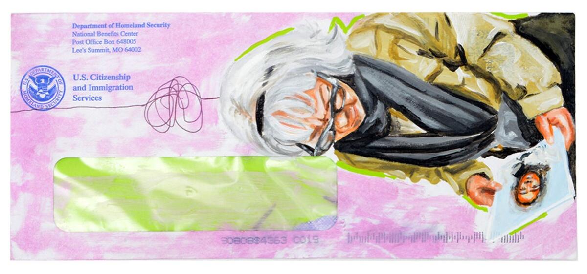 Alepsis Hernández's "Answers From Above" shows a woman looking a photo of an extended family member.