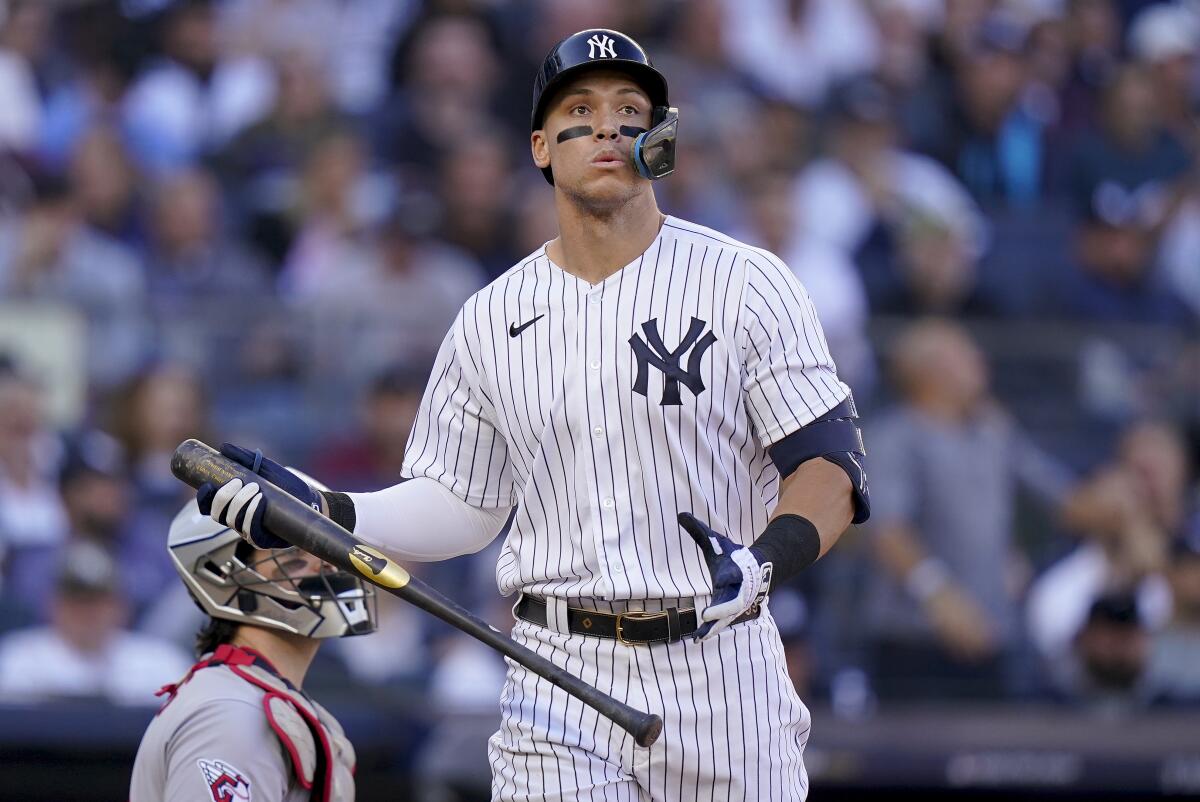 The Yankees' Aaron Judge reacts after striking out against the Guardians in the seventh inning of Game 2 on Oct. 14, 2022.