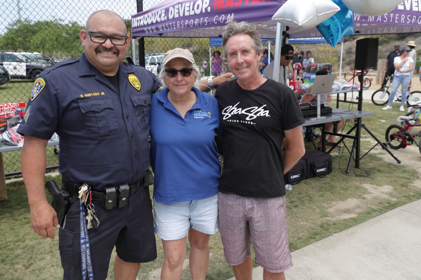 SDPD Sgt. Sal Hurtago with Angel Castro (SD Park & Rec Dept) and pro skateboarder Bill Ruff