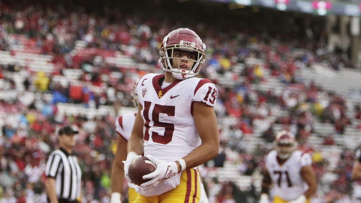 USC wide receiver Drake London stands in the end zone after scoring a touchdown.