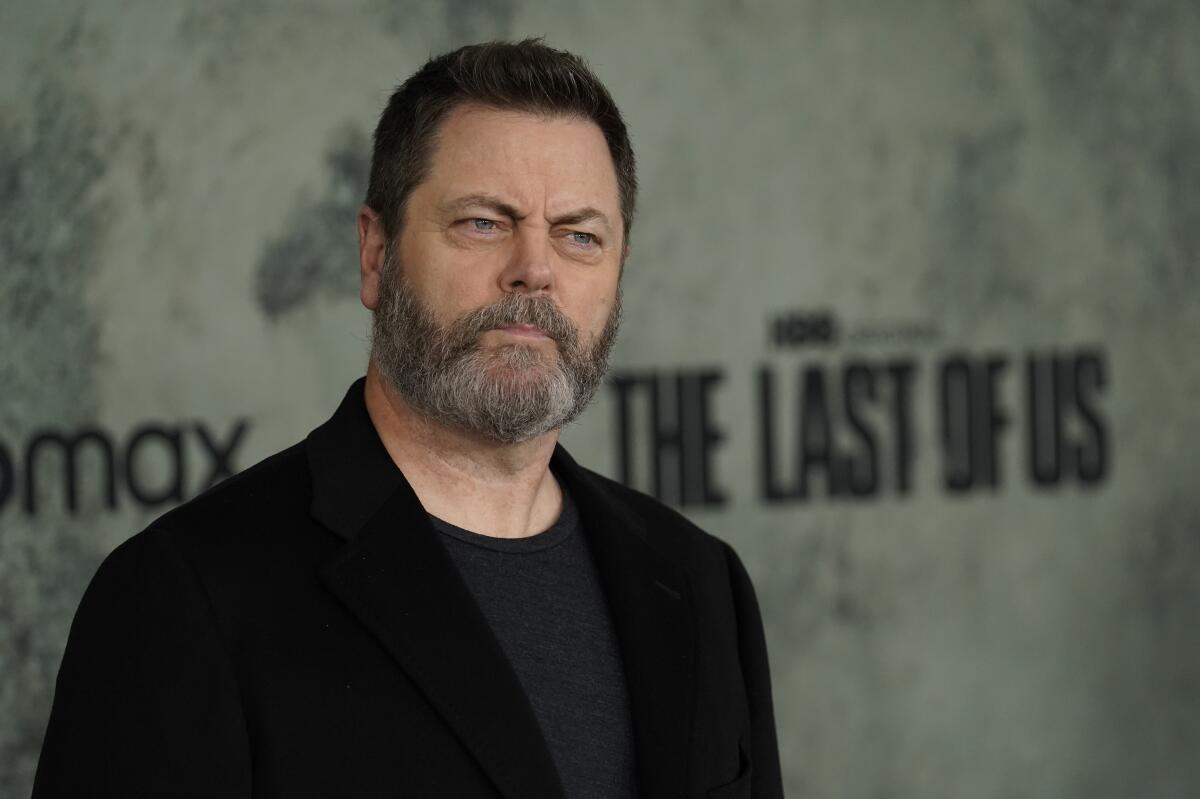 Nick Offerman, a cast member in "The Last of Us," poses at the premiere of the HBO series, Monday, Jan. 9, 2023.